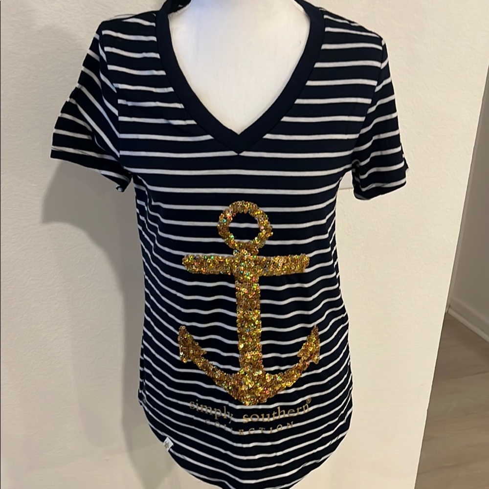 Simply Southern Blue and White Short Sleeve Graphic T-Shirt with Sequin Anchor